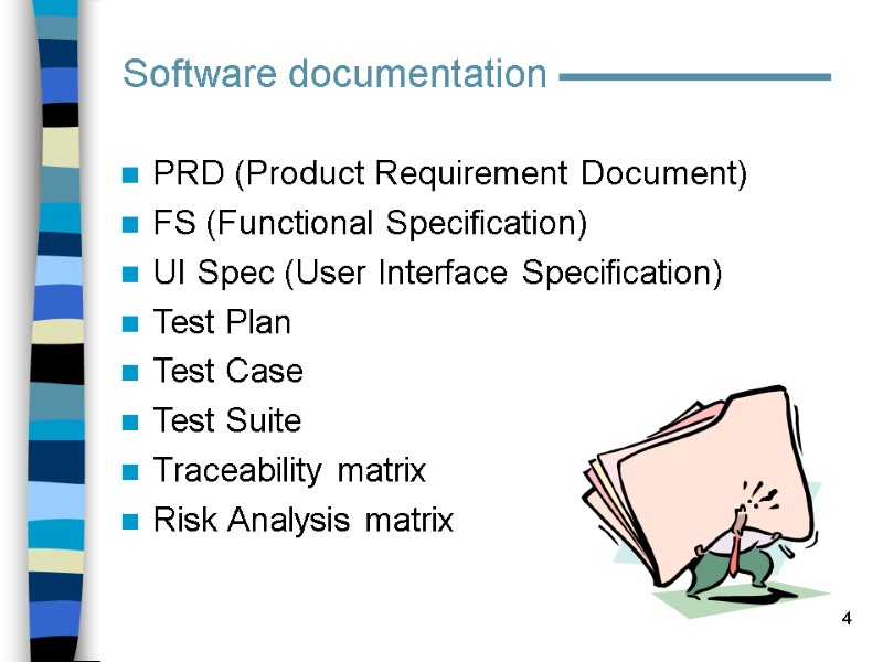 4 Software documentation PRD (Product Requirement Document) FS (Functional Specification) UI Spec (User Interface